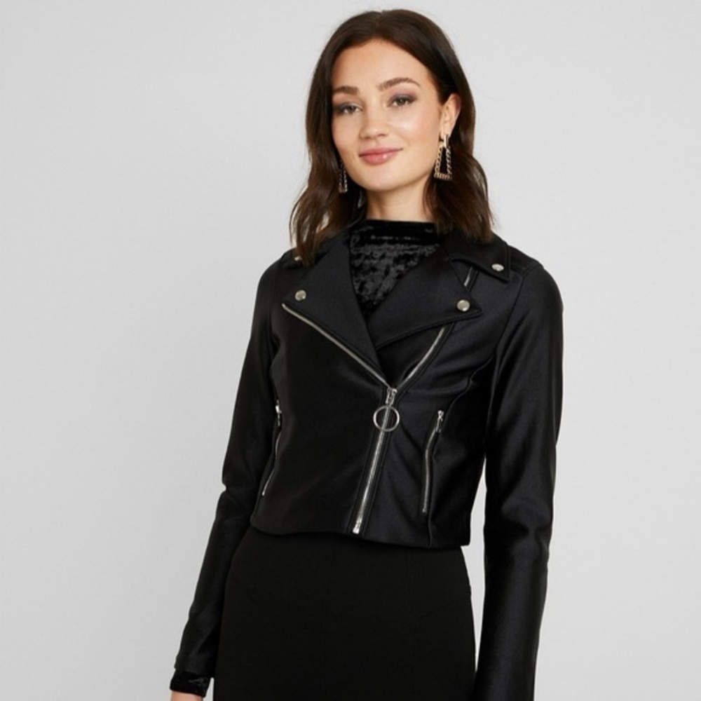 Good American Cropped Black Moto Jacket with Silver Details